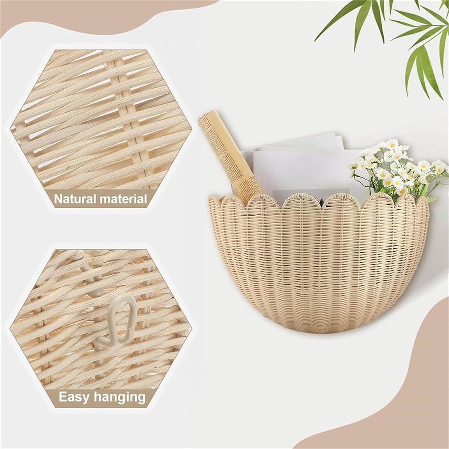 Scalloped Wall Basket - Scalloped Hanging Wicker Baskets for Wall, Hand Scalloped Wicker Wall Basket Home Decor for Entryway, Kitchen, Office, Living Room