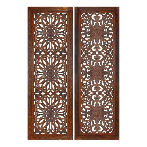 Set of 2 Hand Carved Mango Wood Wall Panels-Burnt Brown Medallion Design