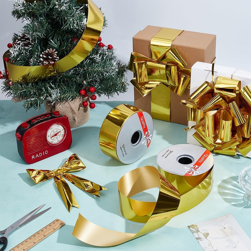 2 Rolls 200 Yards Shiny Waterproof Ribbon 2 Inch Gold Curling Ribbon for Gifts Package Wrapping Bows Crafting Wedding Festival