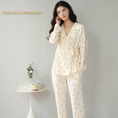 

QWZNDZGR Spring Autumn New Women s Pajamas Sets Long Sleeved Floral Casual Pajamas Knitted Cotton Home Sleepwear Lounge Homewear M-2XL