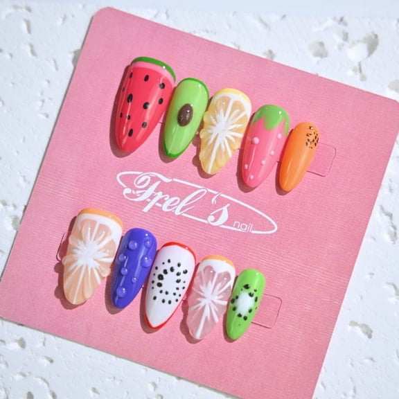Frely's nail ALMOND Fruit Extravaganza M,Handmade nail art,Press-On Nails, Holiday Gift Set with Holiday
