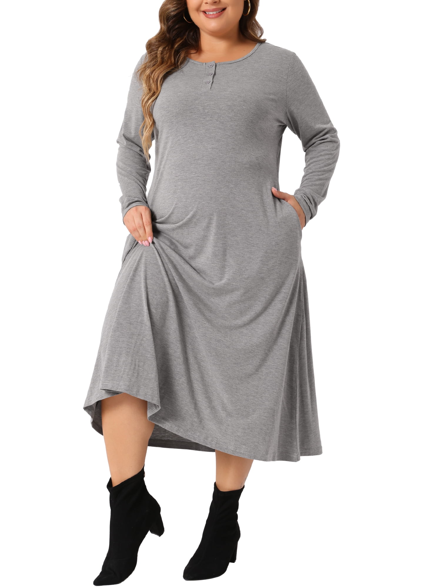 DARING DIVA Plus Size T-Shirt Crew Neck Button Long Sleeve Dress 3X Gray