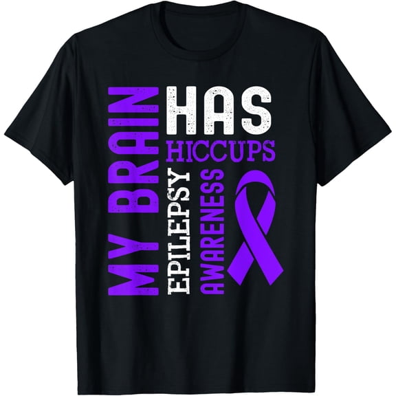 men and women can wear，My Brain Has Hiccups Purple Ribbon Epilepsy Awareness T-Shirt