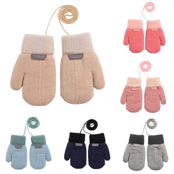 Ticikt Kids Knit Mittens, Fleece Lined Solid Color Gloves With Neck String, Windproof Warm Cold Weather Handwear for Outdoor