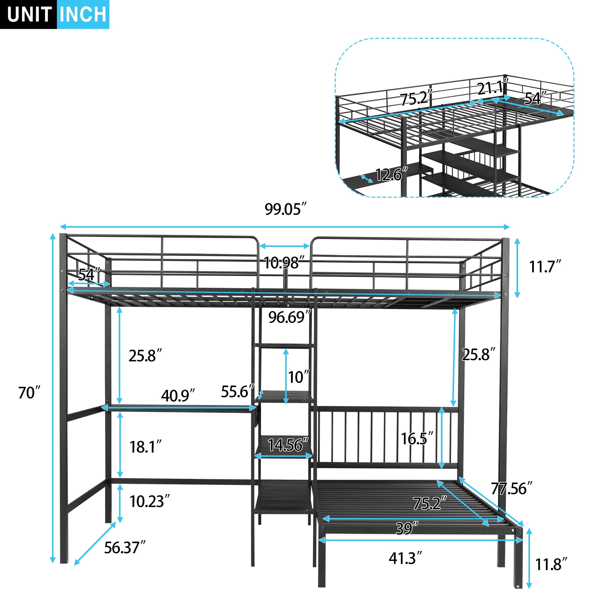 Full Over Twin Bunk Bed with Built-in Desk and Storage Shelves,L-Shape Heavy-Duty Metal Bunk Bed w/Staircase & Safety Guardrail,for Bedroom Boys Girls Adults,Black