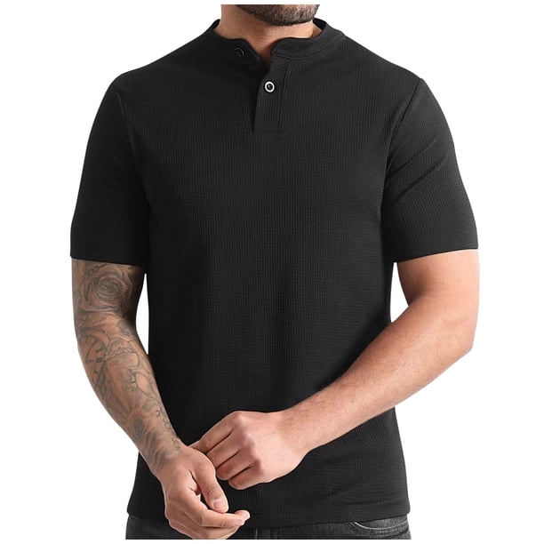 Camiseta de Manga Corta de los Hombres con Cuello Redondo, Mosca de 3 Botones Y Bloque de Color para Negocios, Diario Y Casual