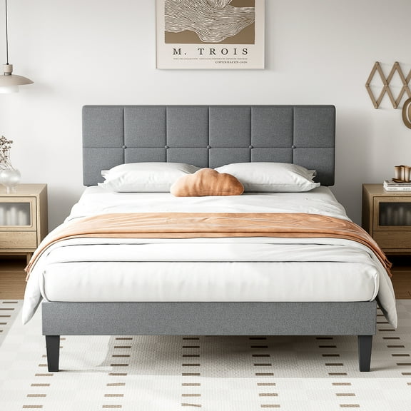 GIANNA Queen Size Platform Bed Frame with upholstered headboard, Gray, 63.98"W x 82.87"D x 44.88"H
