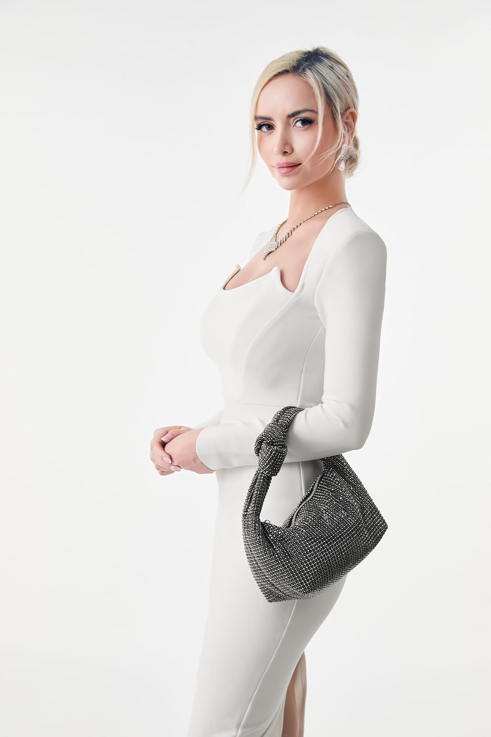 NANAHuang Bling Full Glitter Knotted Handbag for Women Crystal Rhinestone Hobo Dumpling Bag Diamond Evening Clutch Crossbody Bag