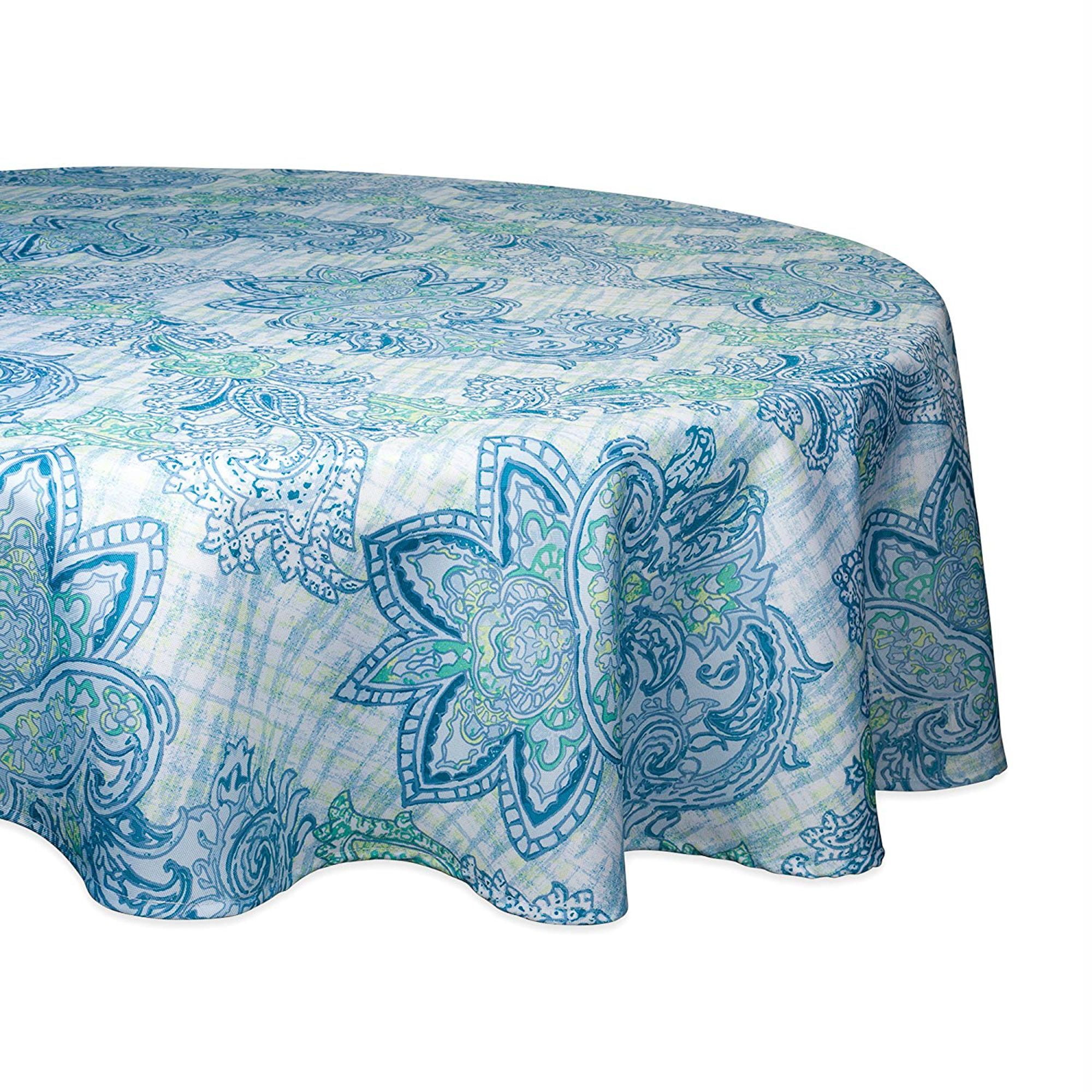 60" Round Outdoor Tablecloth with Blue Watercolor Paisley Print Design