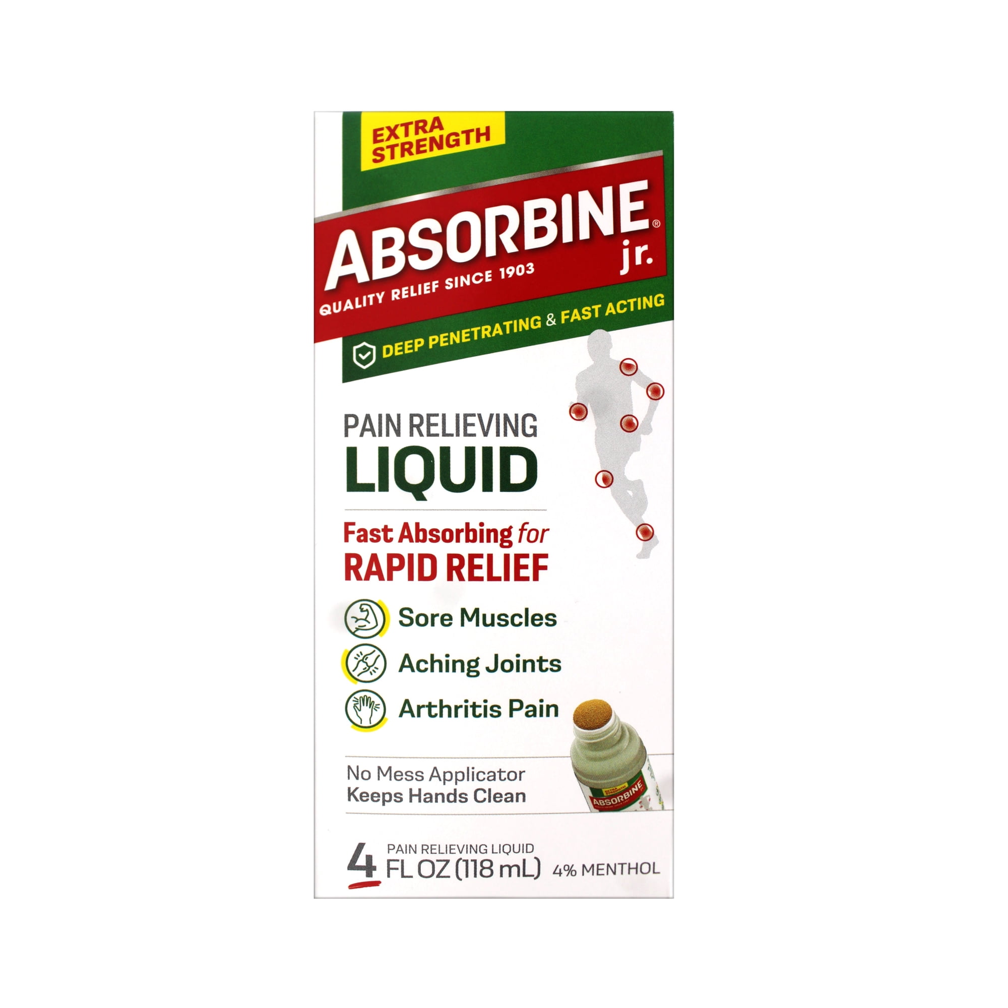 ABSORBINE JR. Extra Strength Pain Relieving Liquid, for Muscle, Joints, Arthritis Pain, with No-Mess Applicator, 4 Oz