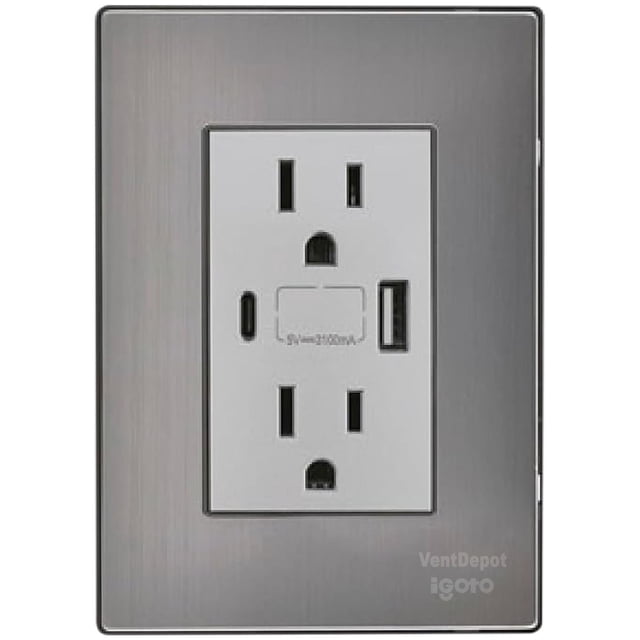 Contacto Pared Armado con USB Inoxium1X1U1BSilver 1Pza USB A/USB C/Contacto Duplex 110/125-250VCA 15A 50/60Hz 5VDC 3A Pl