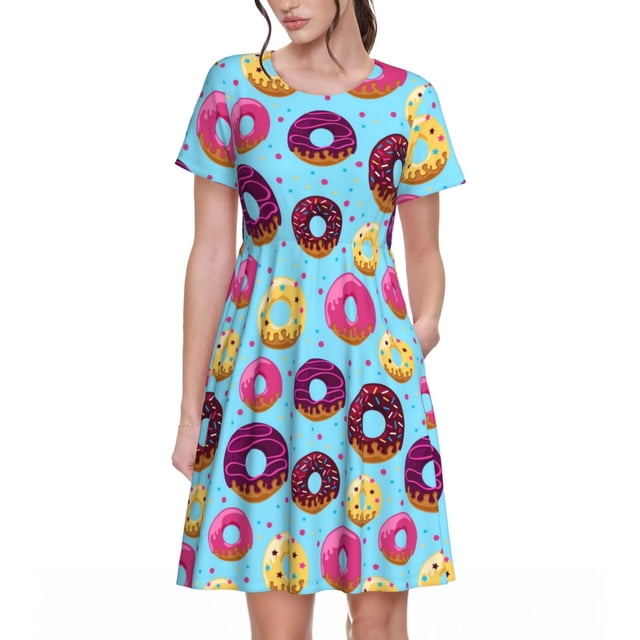 Easygdp Donuts para Vestido Transpirable de Mujer, Vestido Suelto de Manga Corta con Pliegues y Bolsillos para el Verano