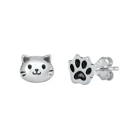 Cat & Paw Print Stud Earrings, Sterling Silver 925, Jewelry With Gift Box