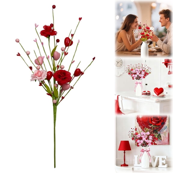 1Pcs Valentines Day Decorations Artificial Heart Flowers, Berry Stems Gifts, Valentines Picks for Wedding Anniversary Vase Filler Valentine Decorations for Home Party