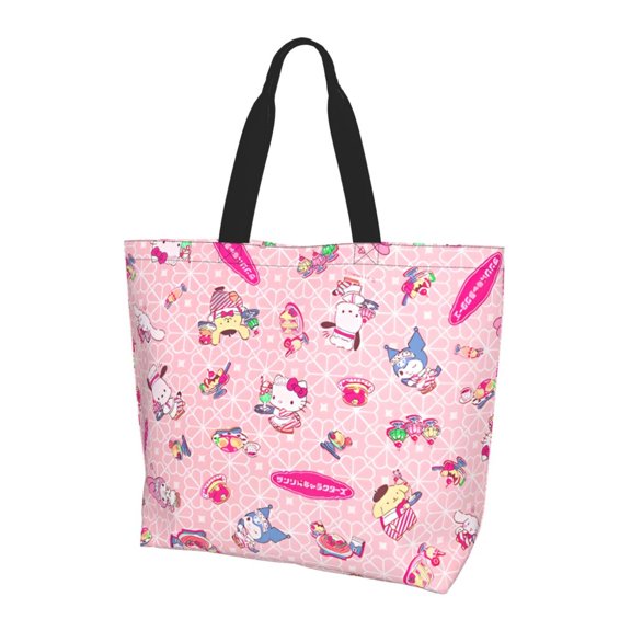 Lsque Sanrio Pattern Aesthetic Canvas Tote Bag for Women - Reusable Tote Shoulder Bag Casual Bag for Vacation,Shopping,Work,Gym