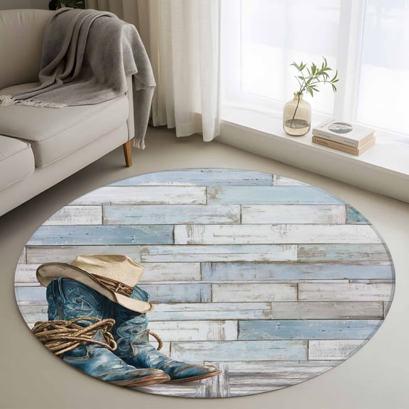 Round Area Rug 4 Ft, Western Cowboy Boots Washable Non-Slip Circle Carpet for Living Room/Bedroom, Vintage Country Blue Wooden Low-Profile Crawling Mats Collection Rugs for Indoor