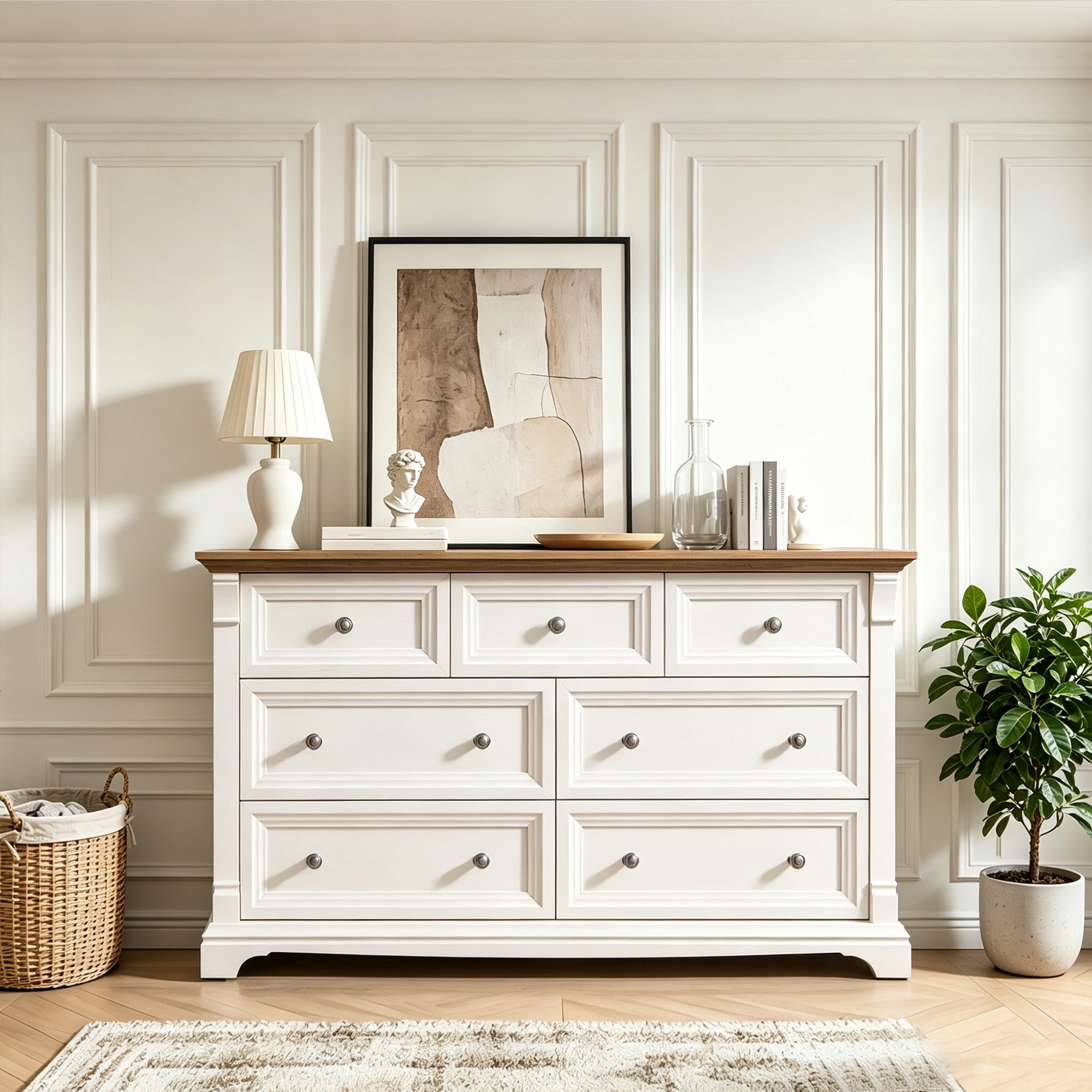 KeyWhat 54" Farmhouse 7-Drawer Dresser with Handles for Bedroom, Living Room , Hallway