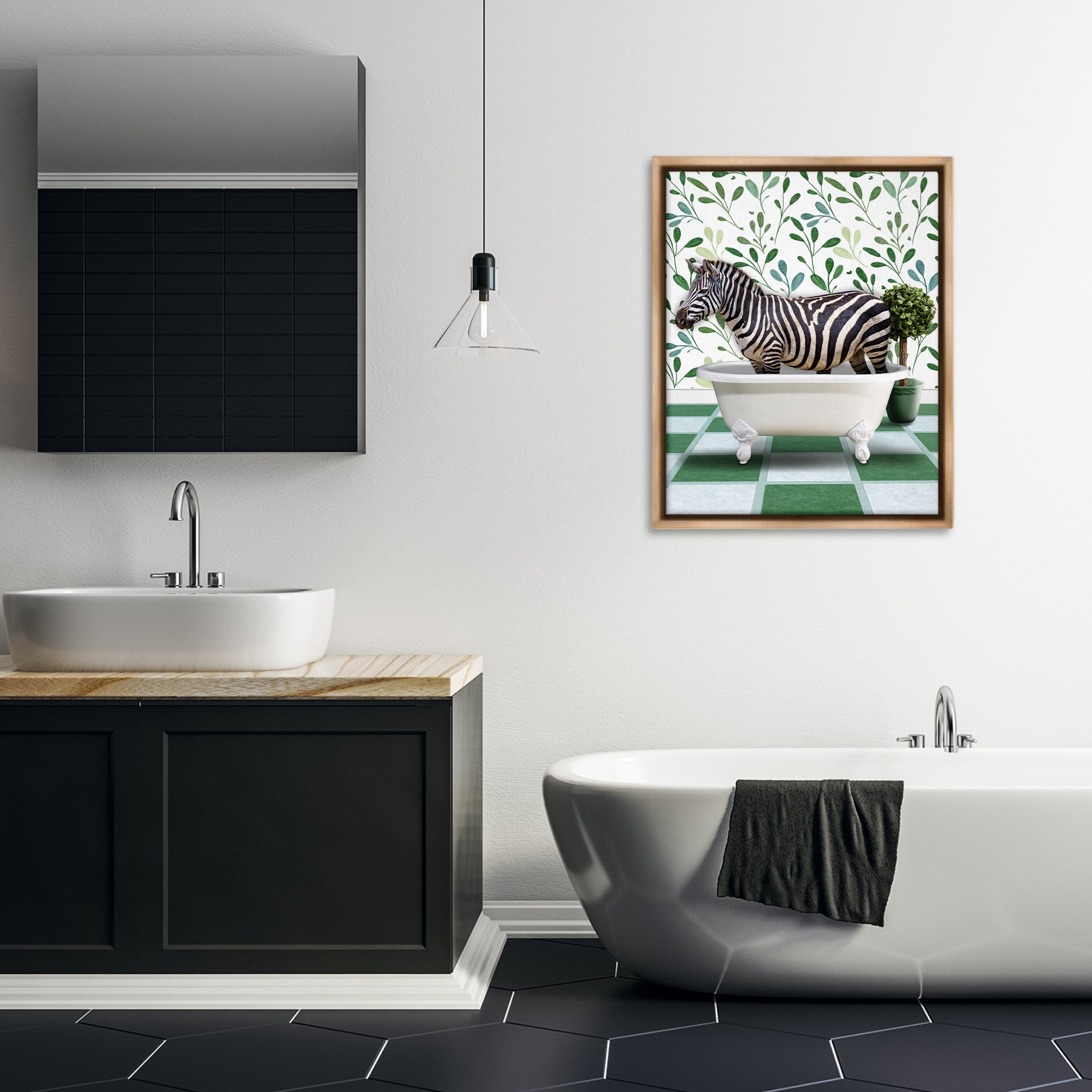 Stupell Industries Zebra in Green Bathroom Bath & Laundry Painting Brown Floater Framed Canvas Art Print Wall Art, 25 x 31