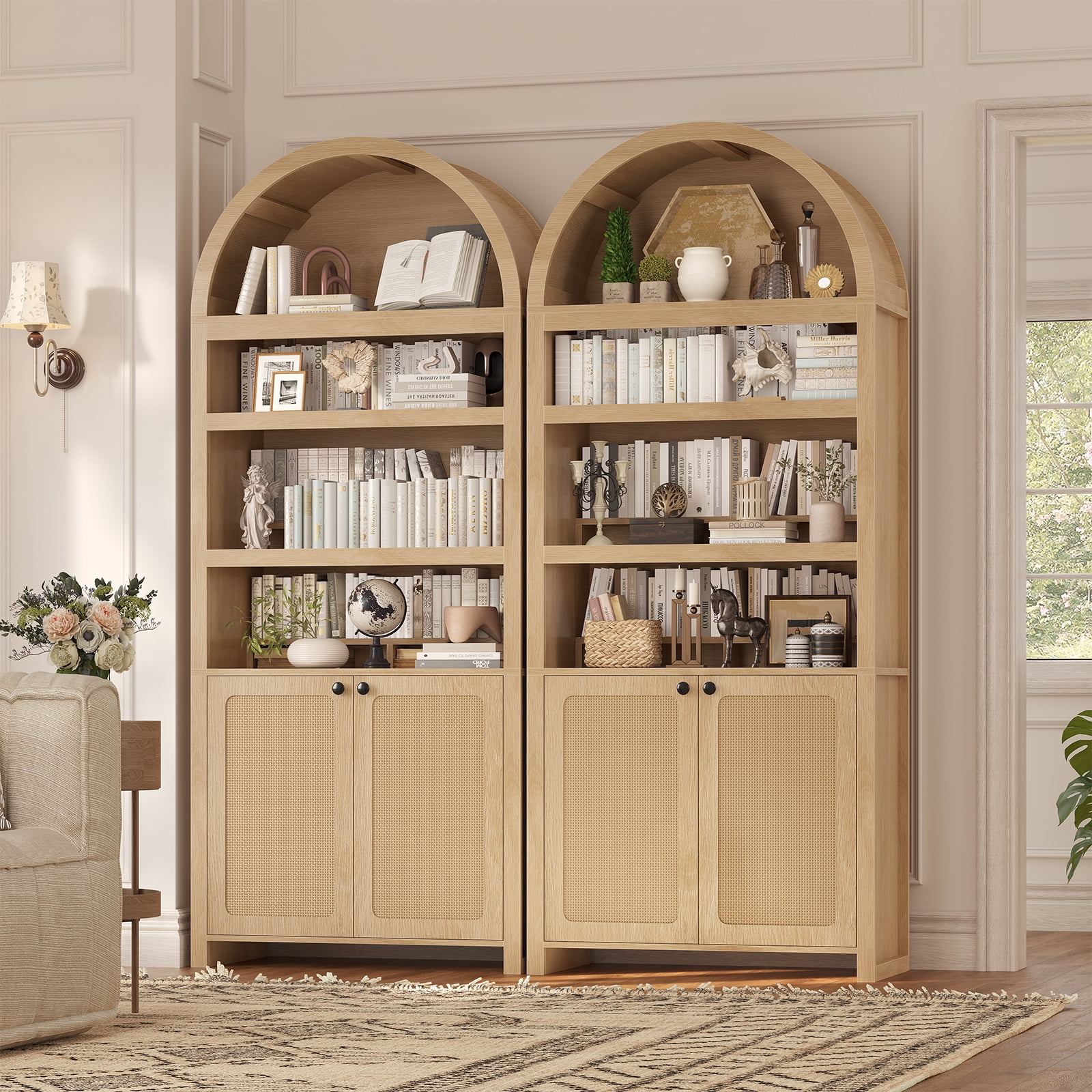 81" Tall Arched Cabinets,Bookcase with storage,Mid-Century Modern 6-Tier Bookshelf with Door,2 Book Risers and Adjustable Shelves offering more storage space for Living Room,Kitchen,Home Office,Oak