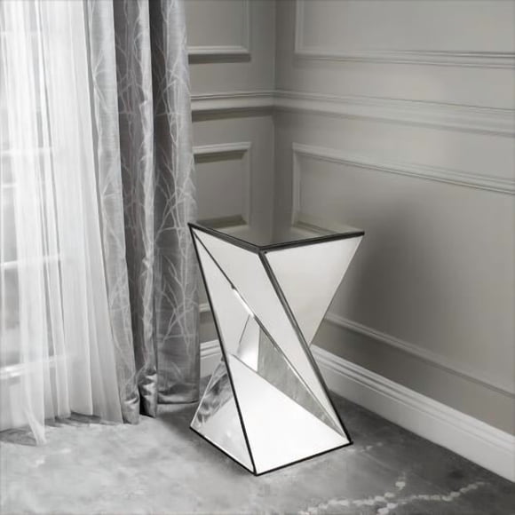 taoruifang geometrical mirrored side table, clear silver modern chic accent end table MDF glass construction for living room bedroom office 13.75x13.75x25.6 in