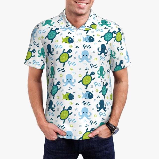 Fotbe Cartoon Sea Creatures Camiseta Polo de Golf para Hombre con Estampado – Camisa Deportiva Transpirable con Cuello Abotonado-Large