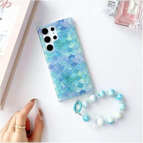 Compatible for Samsung Galaxy S24 Ultra with Precious Stone Fish Scale Design, Sparkle Gem Case Glitter Shockproof Protective Case for Women Girls with Bracelet (Blue,Samsung Galaxy S24 Plus)