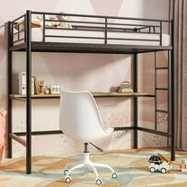 VECELO Twin Size Heavy Duty Metal Loft Bed Frame with Desk, Removable Ladder & Safety Stairs & Full-Length Guardrail for Dormitory No Box Spring Needed, Black