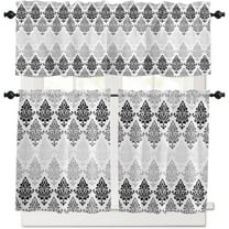 3 Piece Grey Floral Gradient Kitchen Curtains, Tier and Valance Rod Pocket Window Curtains Set Baroque Victorian Vintage Cafe Curtains for Kitchen Valances Window Treatment 54X18in 27x36in×2