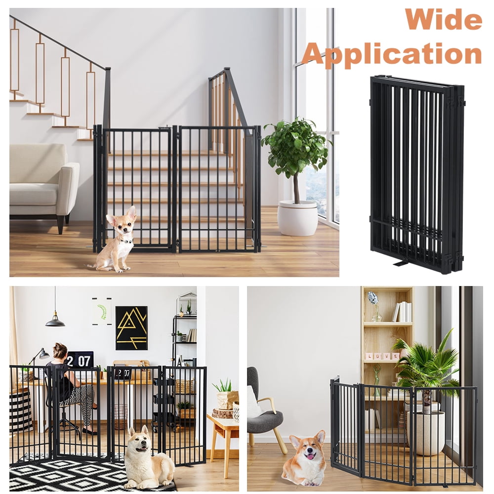SMONTER Free Standing Dog Gate with Door Walk Through, 80.5'' Extra Wide Indoor Dog Fence, 31.5'' Height 4 Panels Foldable Metal Pet Puppy Gate for Stairs, Hallways, Doorway