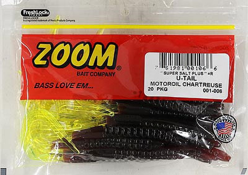 Zoom U-Tale Worm Freshwater Bass Soft Fishing Bait, Motor Oil Chartreuse, 6  3/4”, 20-pack, Soft Baits 