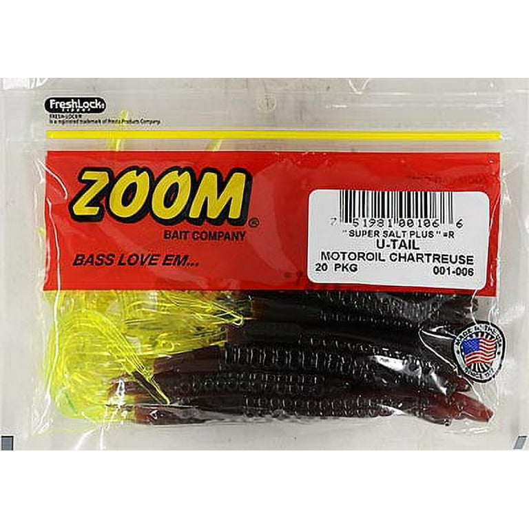 Zoom U-Tale Worm Freshwater Bass Soft Fishing Bait, Motor Oil Chartreuse, 6  3/4”, 20-pack, Soft Baits