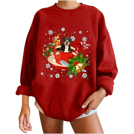

Ugly Sweatshirt Women Oversized Crew Neck Solid Shirts Cute Doggy Print Sweatshirts Simple Pullover
