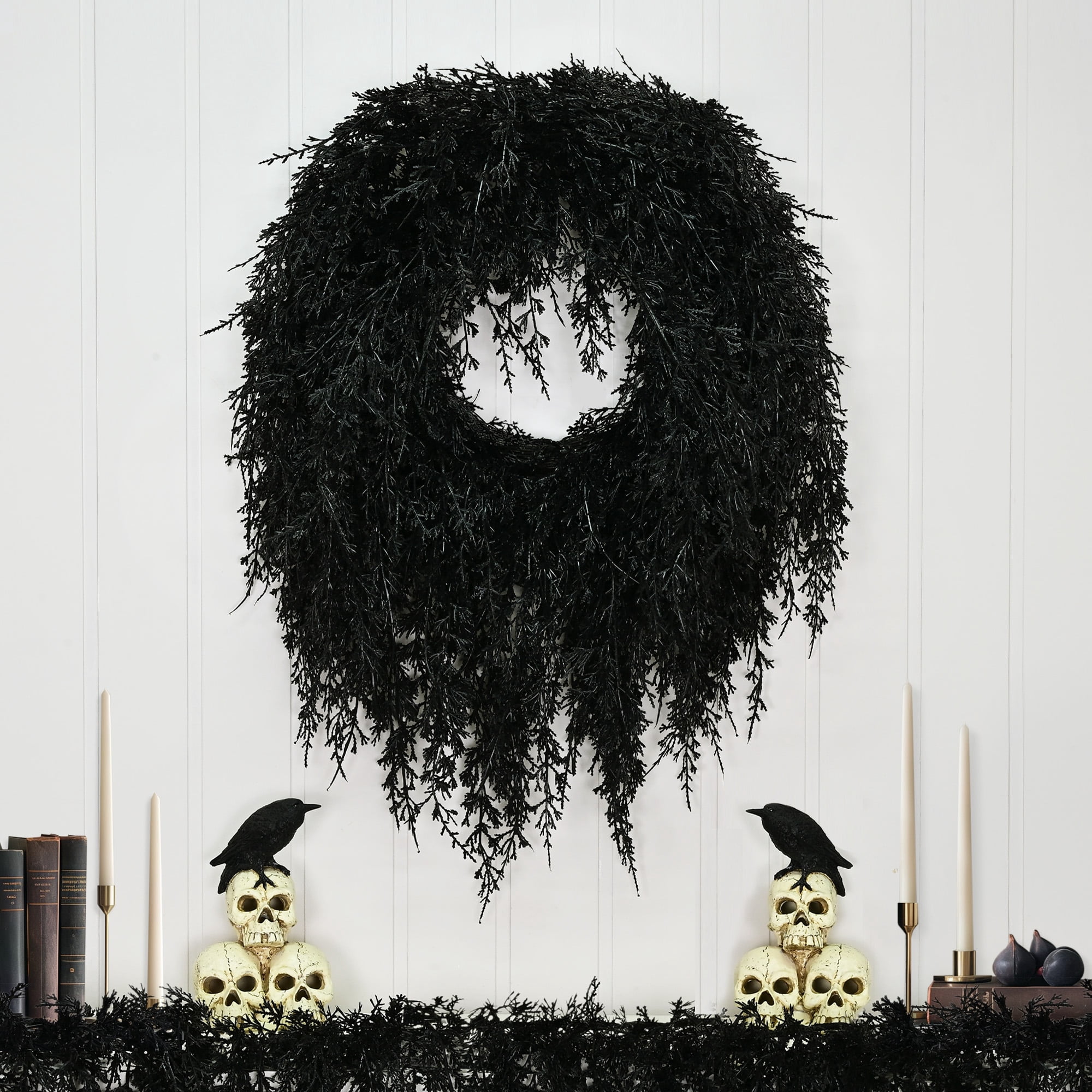 My Texas House Halloween Drapey Faux Cedar Wreath, Black, 24"