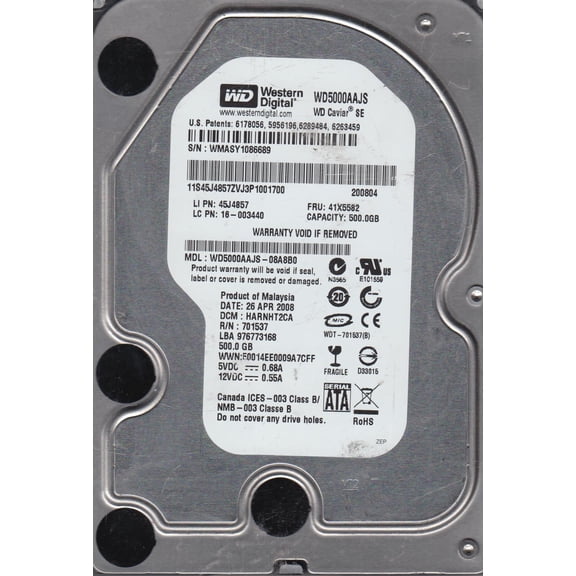 WD5000AAJS-08A8B0, DCM HARNHT2CA, Western Digital 500GB SATA 3.5 Hard Drive