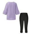 thumbnail image 5 of purcolt Women Cotton Linen 2 Piece Outfits 3/4 Sleeve Top High Waist Capri Leggings Suits Casual Loose Matching Sets, 5 of 5