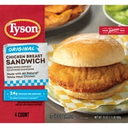 Tyson Original Chicken Breast Sandwich, Frozen Appetizers, 4 Count,24oz, Cardboard Box