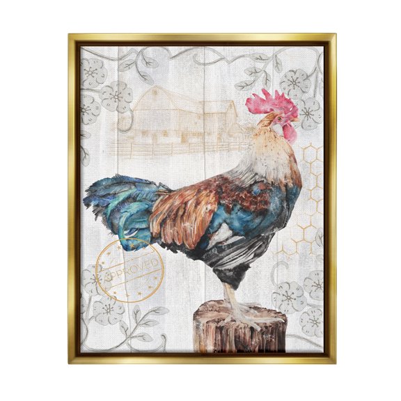 Stupell Industries Rooster with Vintage Pattern Animals & Insects Painting Gold Floater Framed Canvas Art Print Wall Art, 25 x 31