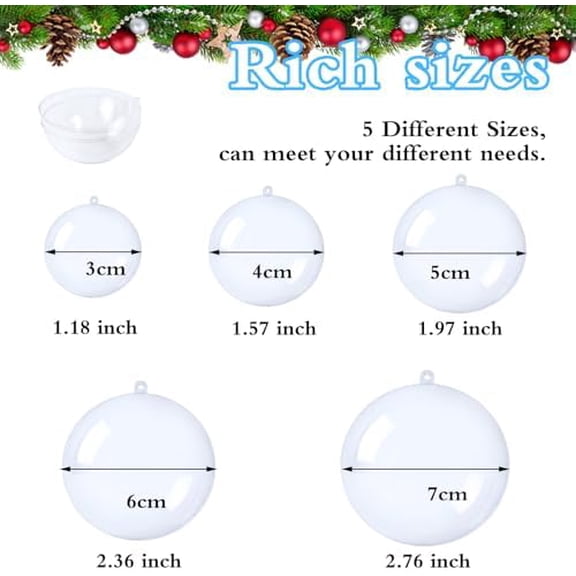 50 Set 100PCS Clear Plastic Fillable Ornaments,Transparent DIY Christmas Fillable Ball,Plastic DIY Fillable Decoration Balls 5 Different Sizes for Christmas Tree,Wedding,Party,Home Decor
