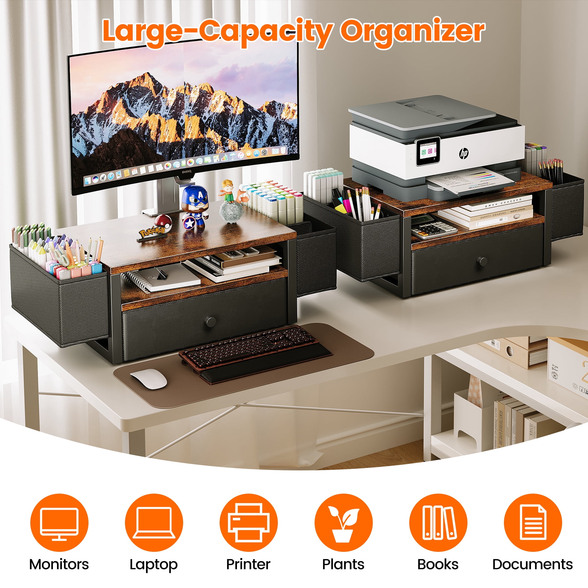 Desk Organizers and Accessories, 3-Tier Computer Monitor Stand Riser with Fabric Drawer & 6 Pen Holder, Office Desk Accessories Workspace Desktop Organizer for Office Supplies, Rustic Brown