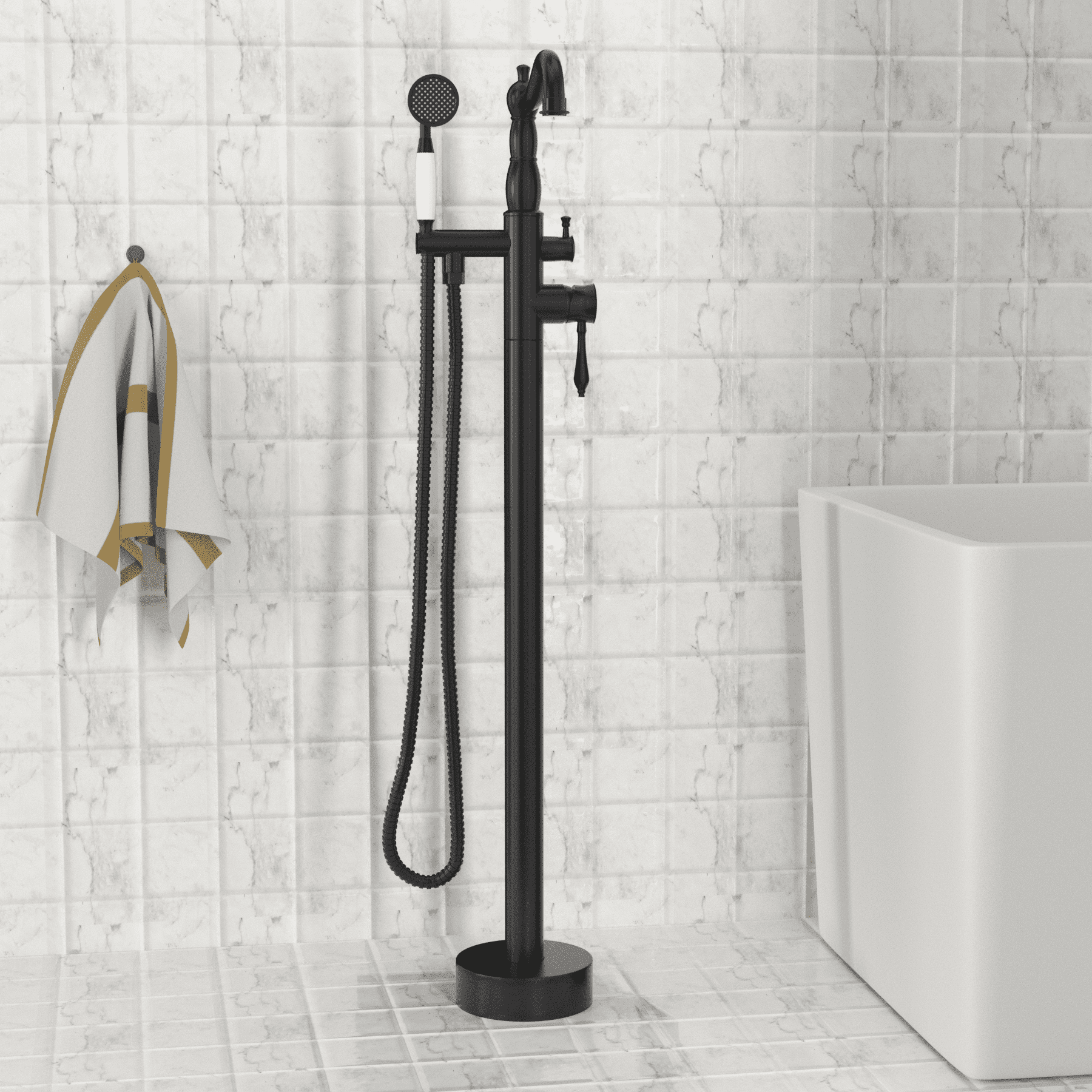 Senlesen Freestanding Bathtub Faucet Tub Filler Single Handle Floor Mount Bathroom Faucets with ABS Hand Shower Matte Black