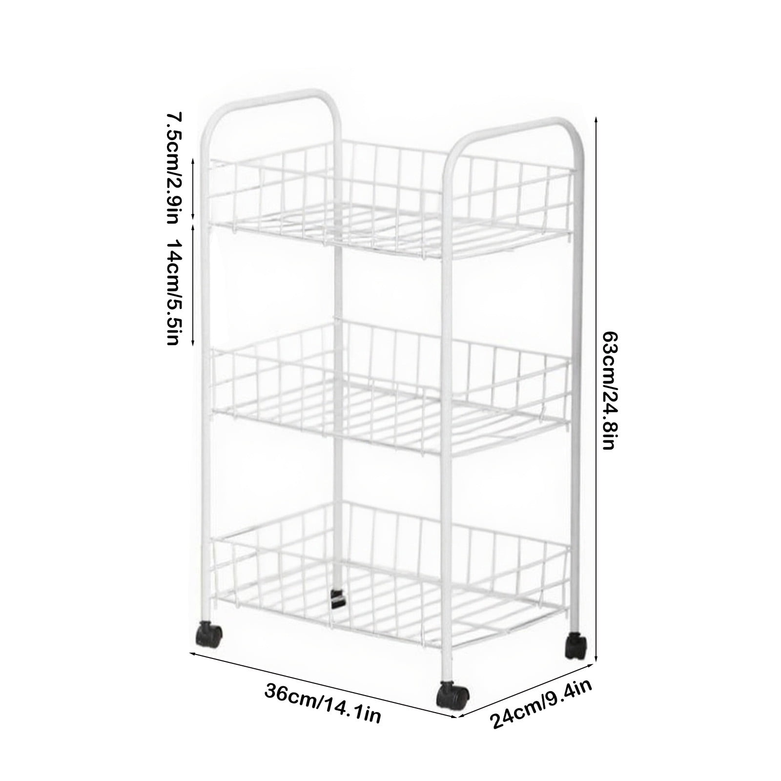 White Metal Three-tier Cart for Household Kitchen Spices Fruit Vegetables Compartmentalized Storage, 24.8x14.17x9.45in Iron Storage Basket with Removable Shelves and 360 Swivel Wheels