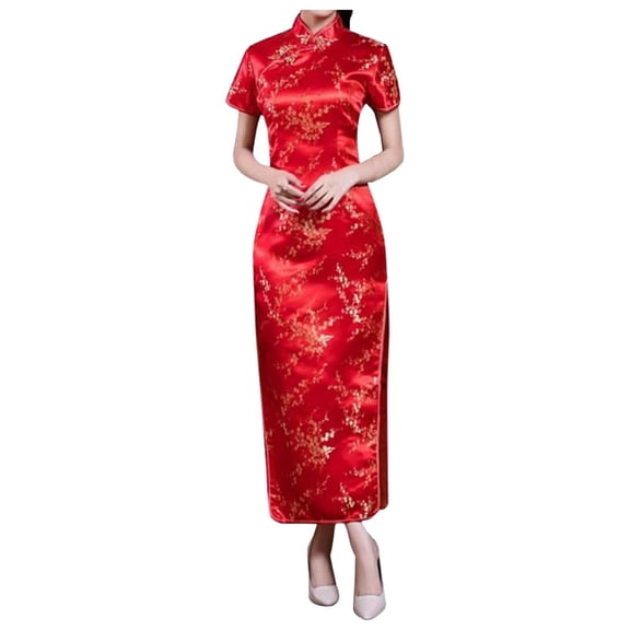 Huangx Women‘s Cheongsam Long Dress, Floral Faux Silk Maxi Dress – Bodycon Slim Fit with Stand Collar Qipao Watermelon Red XXXL