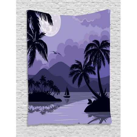 Tropical Tapestry, Caribbean Island Landscape at Night Full Moon Sailboat and Palm Trees, Wall Hanging for Bedroom Living Room Dorm Decor, 40W X 60L Inches, Black Lavender White, by