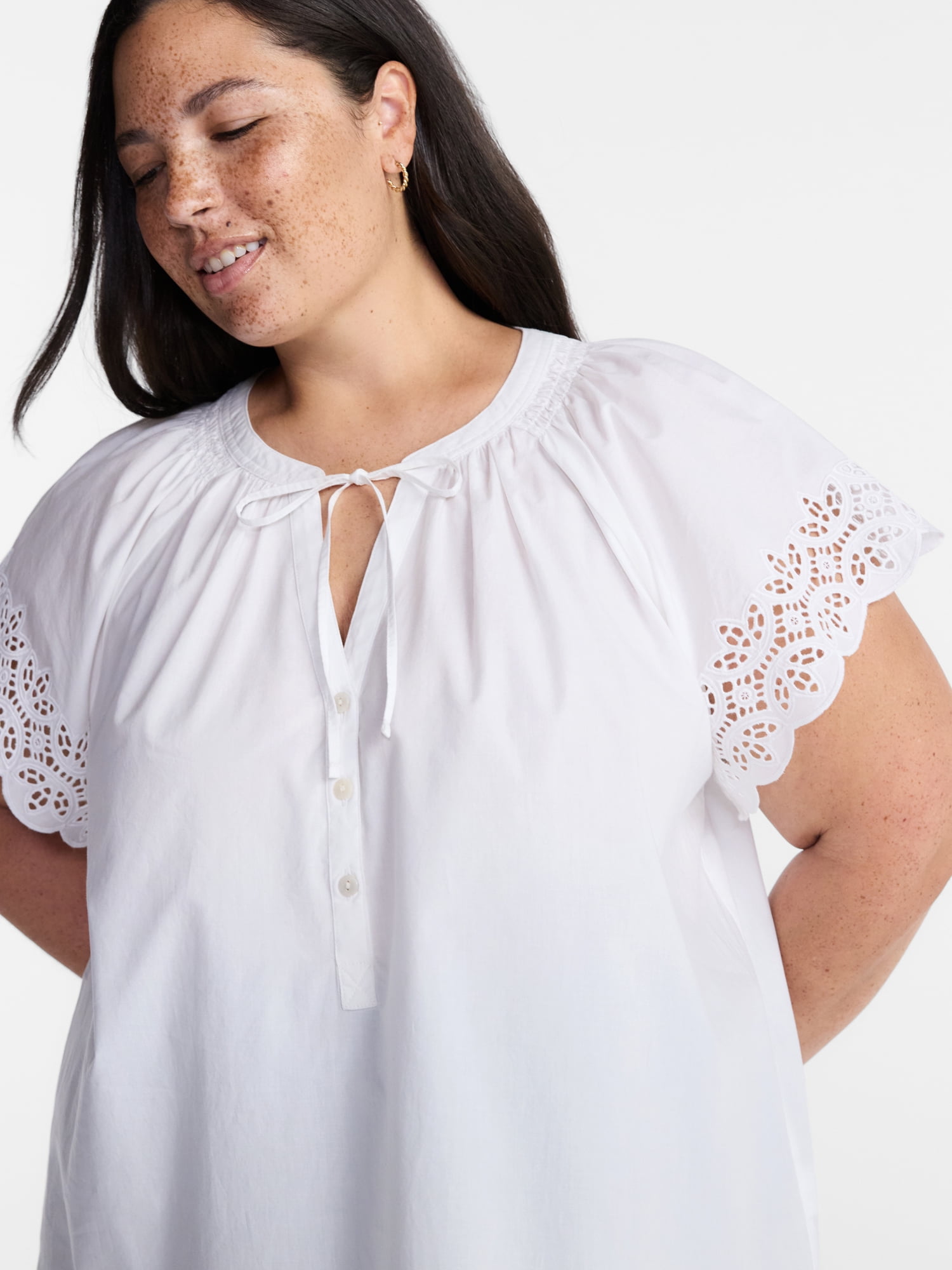 Terra & Sky Women’s Plus Cotton Eyelet Top with Short Sleeves, Sizes 0X-5X