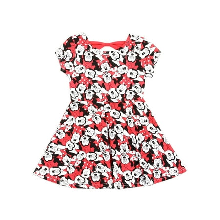 Disney Little Girls' Minnie Mouse Allover Print Knit Dress, Red (2T)