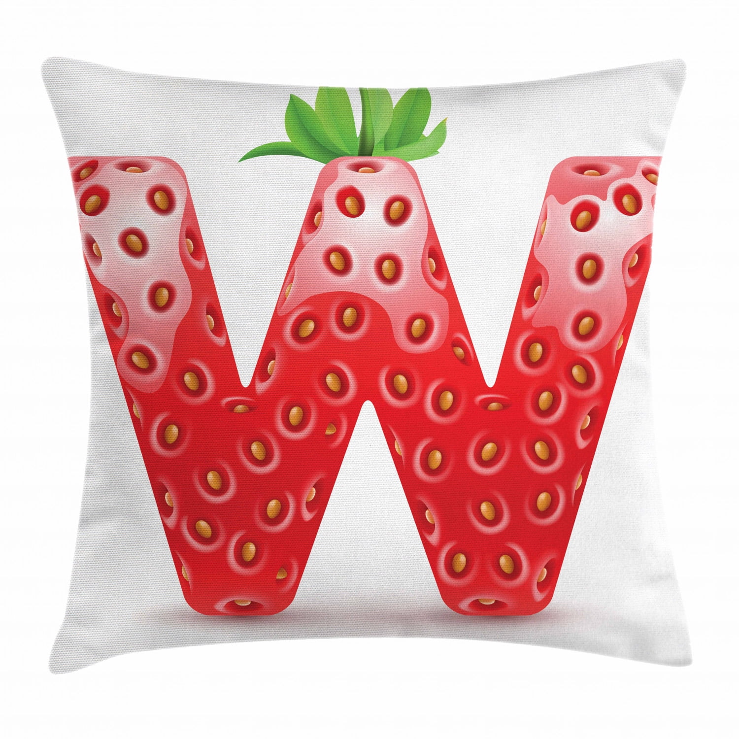 Letter W Throw Pillow Cushion Cover, Capital W with Strawberry Green Leaves Harvest Yield
