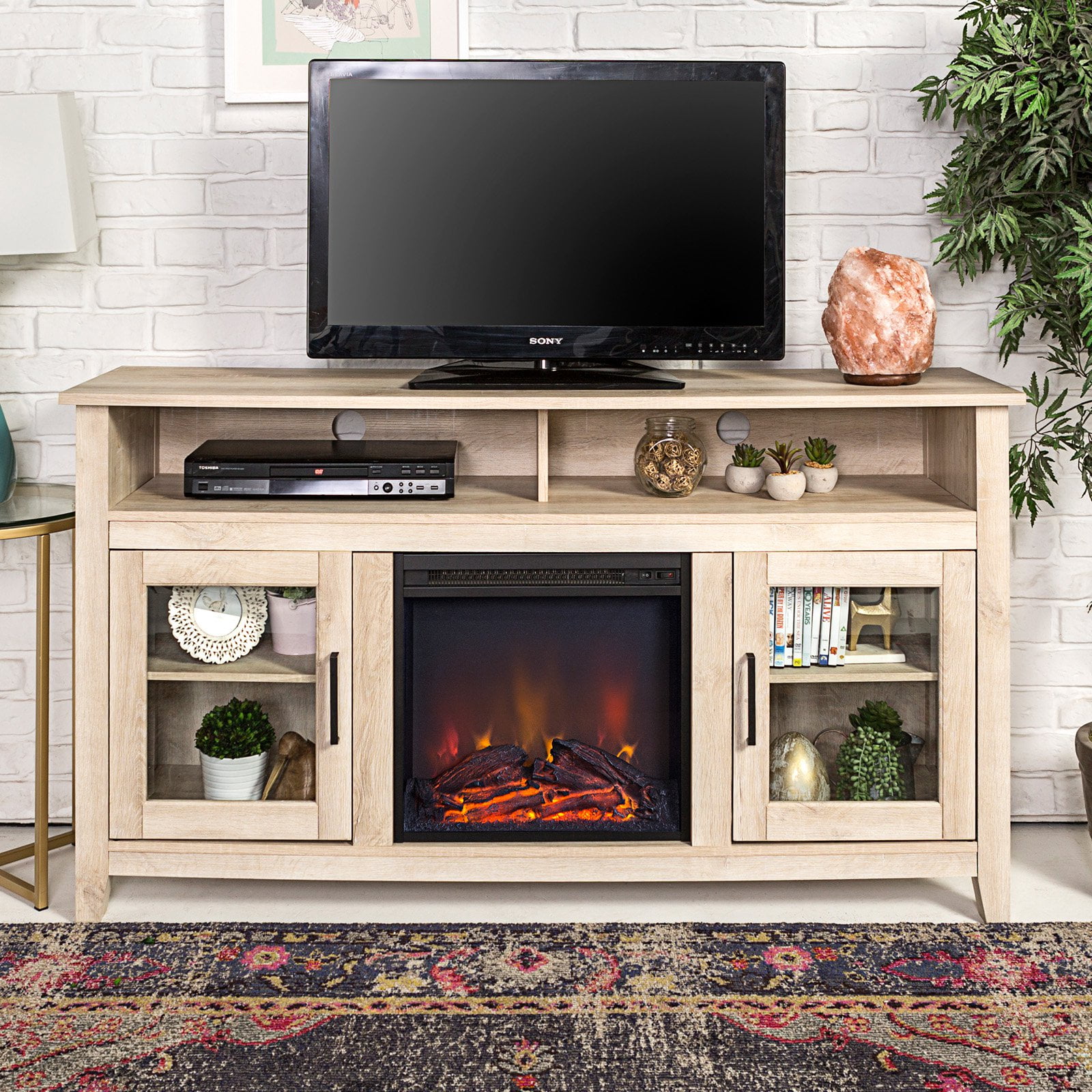 WalkerEdison Furniture 58" Wood Media TV Stand Console with Fireplace White... 