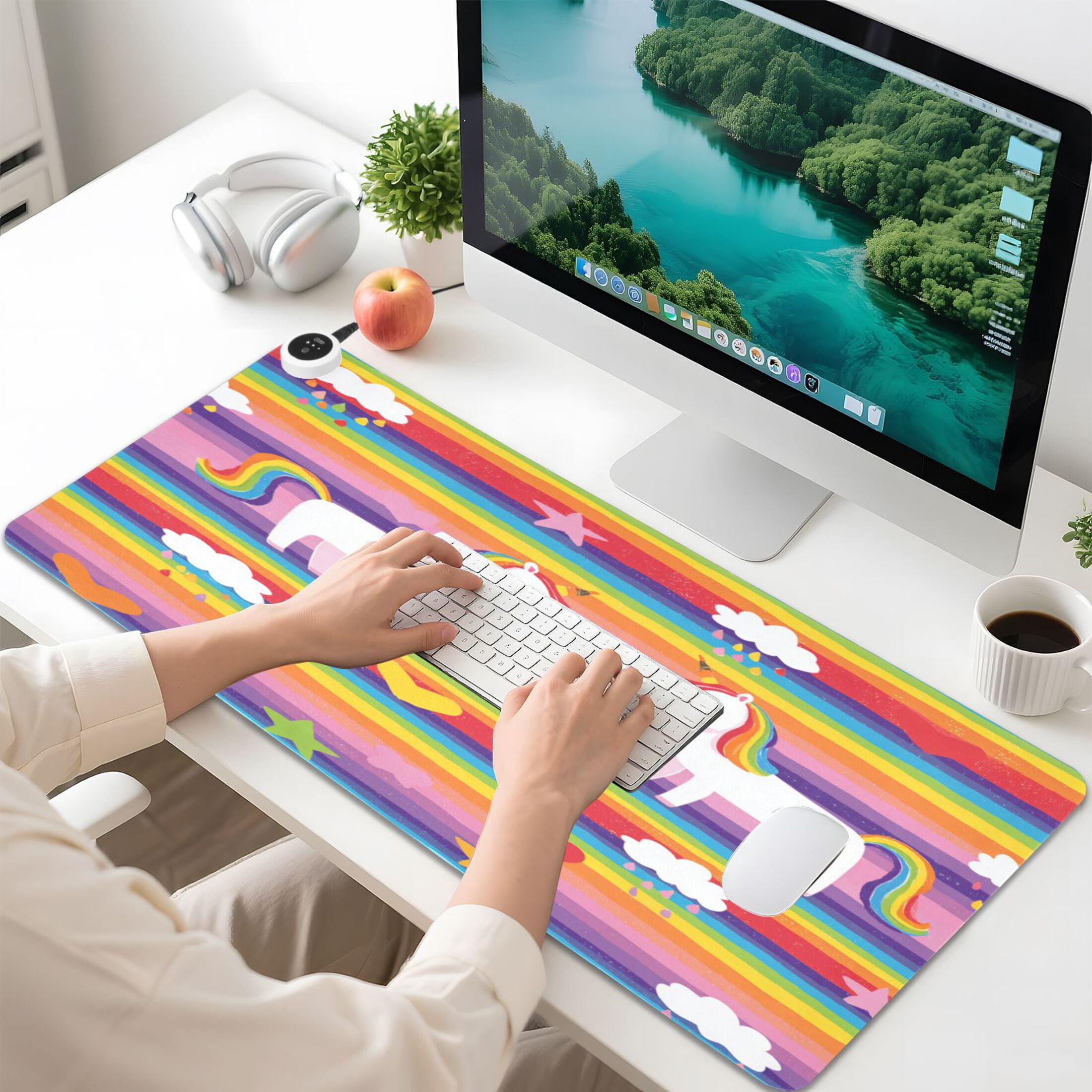 Large Heated Desk Mat Mouse Pad 31.5"x13"PU Leather Graphene Heating Desk Warmer with 3 Temperature Settings 110V US Plug Non-Slip Warm Pad for Home, Office, and Gaming Rainbow Striped Unicorn Print