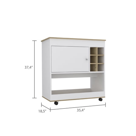 Newboti Furniture Bar Cart Aloha Lower Panel Six Bottle Cubbies One Cabinet Light Oak / White Finish 39765