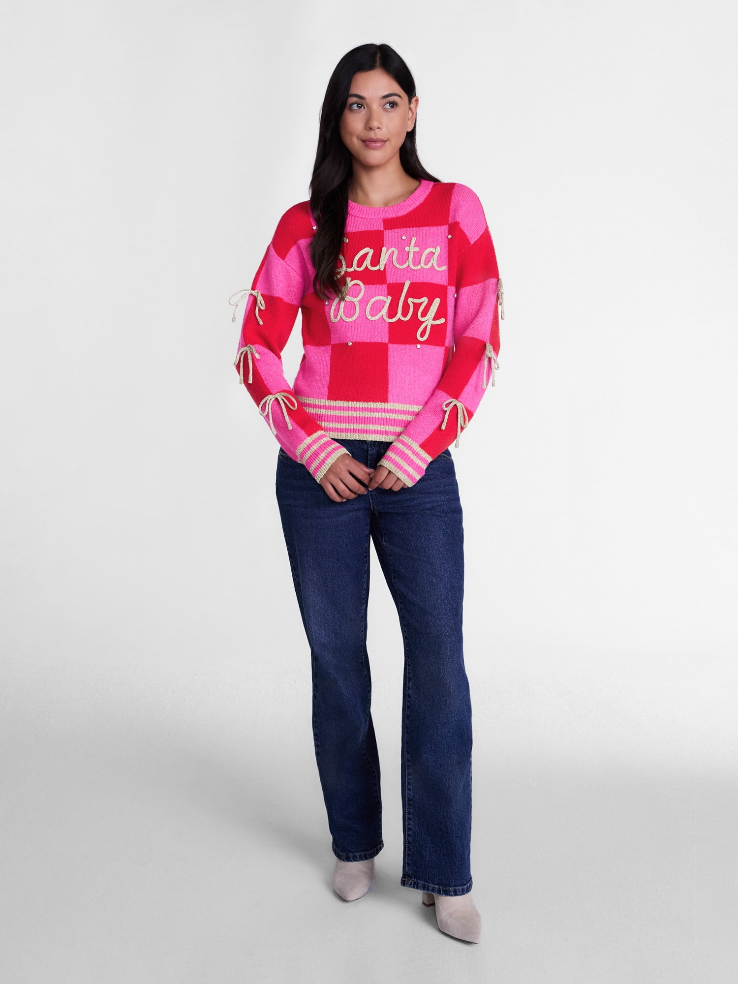 Women’s Santa Baby Checkered Applique Sweater by Holiday Time, Midweight, Sizes XXS-XXL